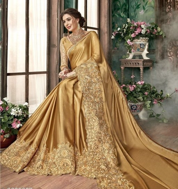 Lycra Embroidery Golden Saree for Wedding/ Partywear - Golden